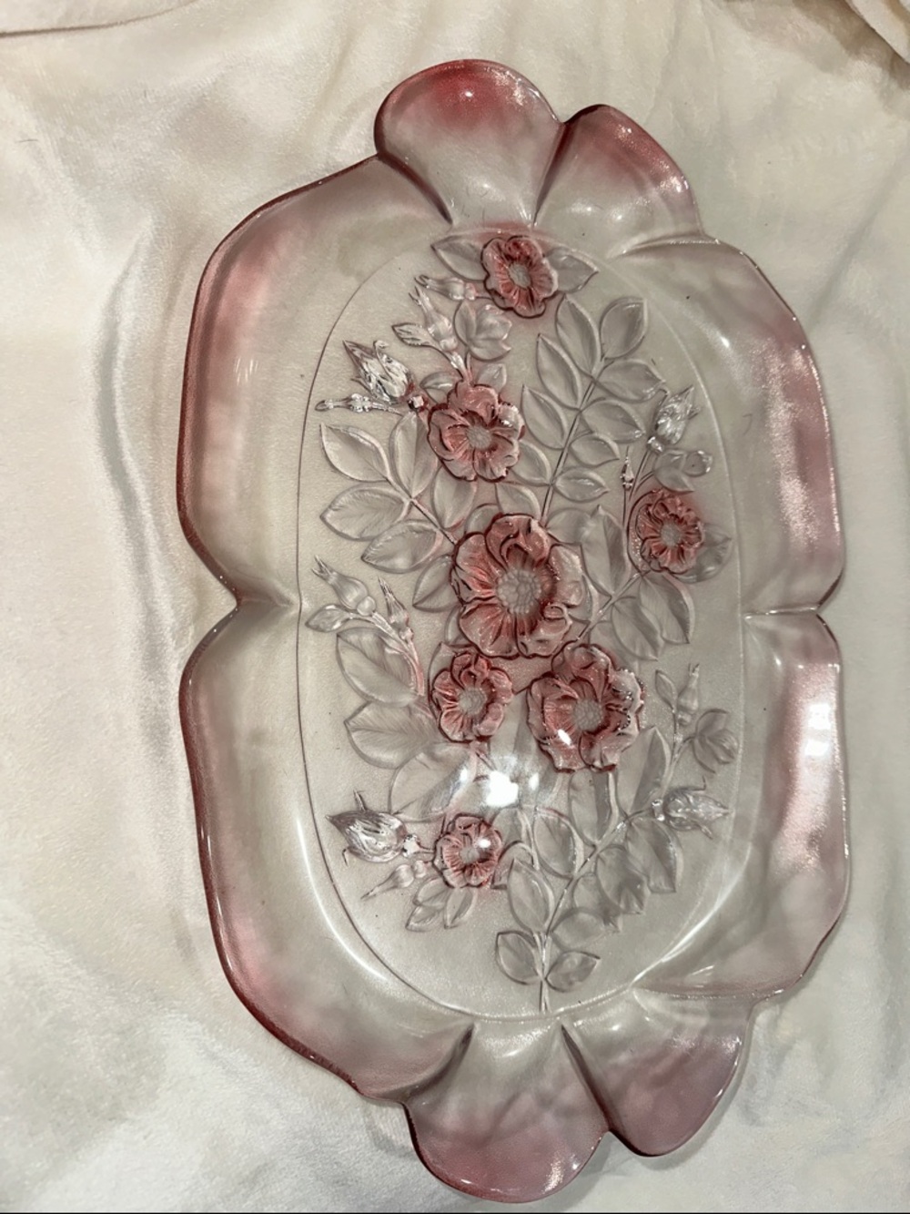 Vintage Pink Frosted Glass Floral Serving Tray Depression Style — 20” x 11”